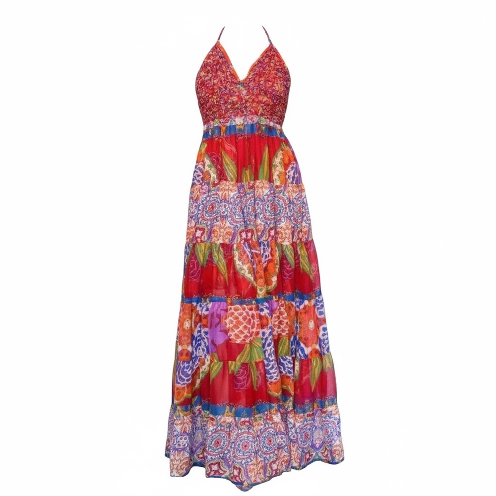 Bohemian Red Floral Maxi Dress - Sleeveless V-Neck